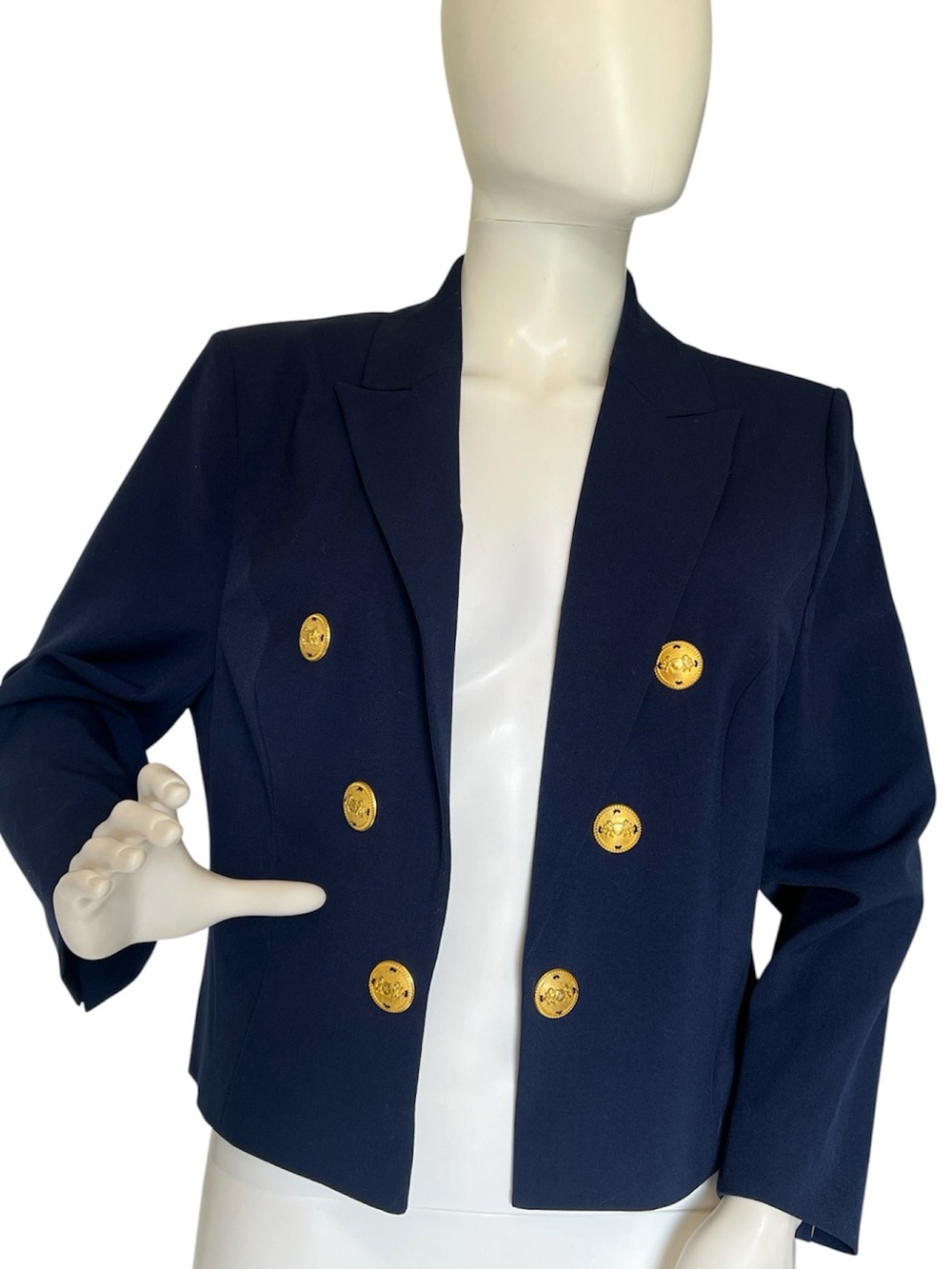 Cropped Navy Double-Breasted Blazer with accent Gold Buttons Size 12 NWT - Picture 7 of 17